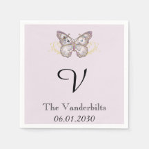 Glitter Butterfly Lavender Monogram Bröllop Napkin