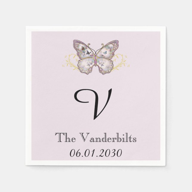 Glitter Butterfly Lavender Monogram Bröllop Napkin Pappersservett (Framsidan)
