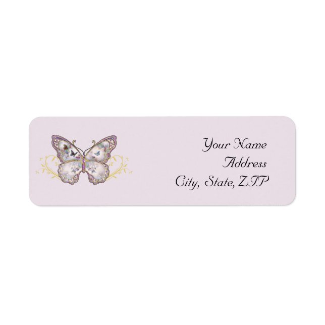 Glitter Butterfly på Lavender Returadress Etikett (Framsidan)