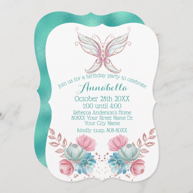 Glitter Butterfly Teal & Rosa Flowers Birthday Inbjudningar (Fram/baksida)