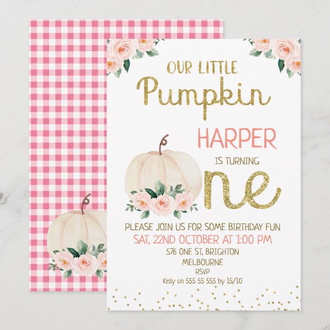 Glitter Calligraphy Pumpkin 1:a födelsedagen Inbjudningar (Fram/baksida)