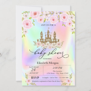Glitter Castle Rosor Holografisk Baby Shower Inbjudningar