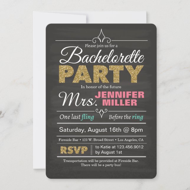 Glitter Chalkboard Bachelorette-partiets inbjudan (Framsida)