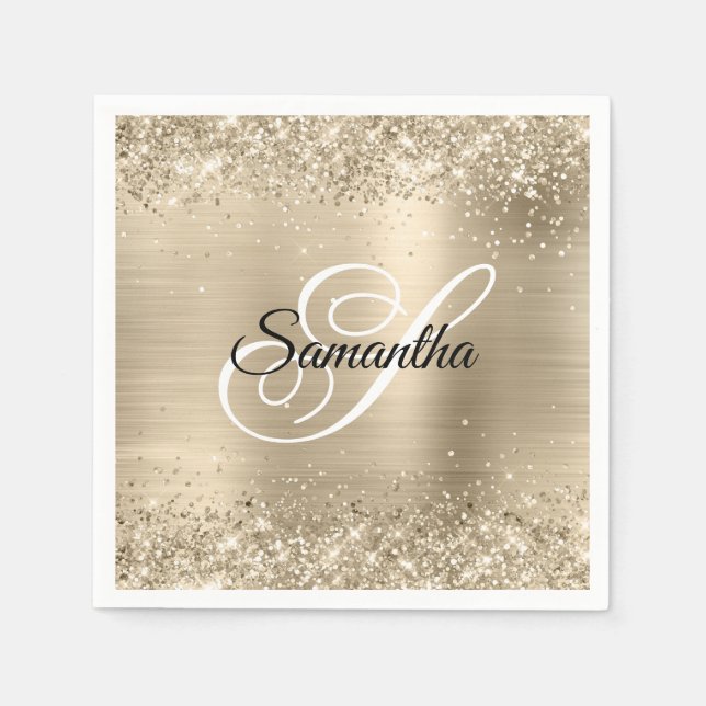 Glitter Champagne Folie Fancy Monogram Pappersservett (Framsidan)