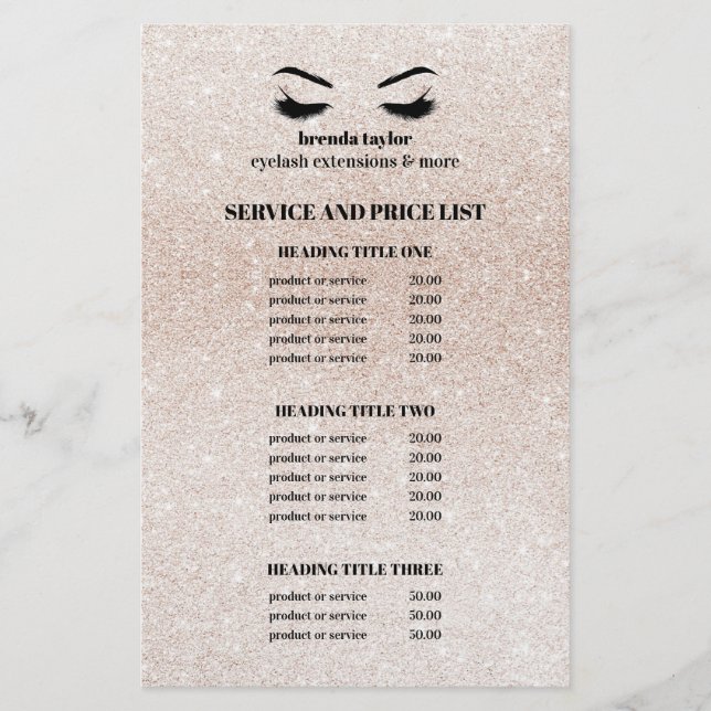 Glitter champagne rosa EYELASH SALON SERVICE LIST Flygblad (Framsidan)