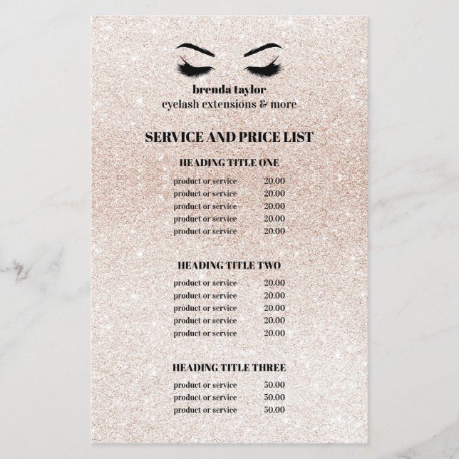 Glitter champagne rosa EYELASH SALON SERVICE LIST Flygblad (Framsidan)
