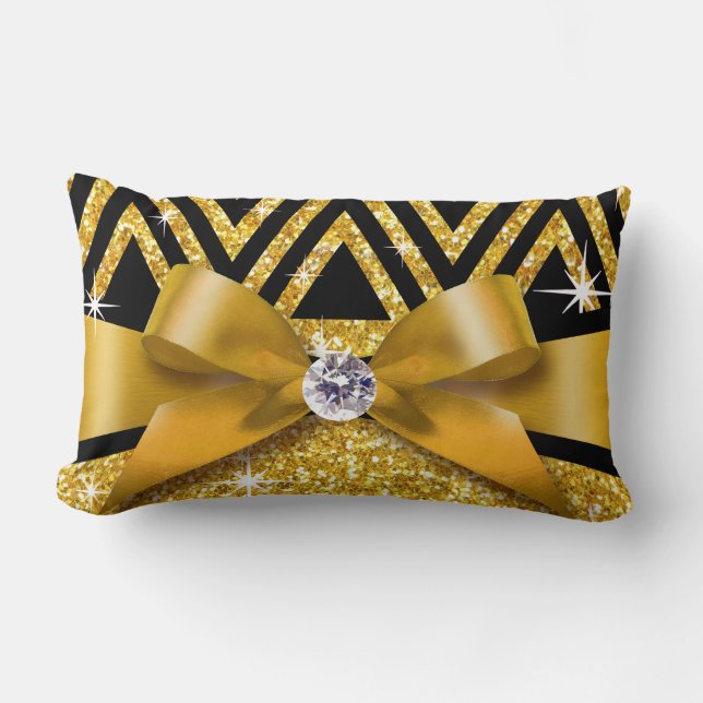 Glitter Chevron Bling Diamond Bow | guld Lumbarkudde (Framsida)
