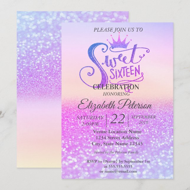 Glitter Colorful Bokeh Ombre,Tiara Sweet 16 Party Inbjudningar (Fram/baksida)