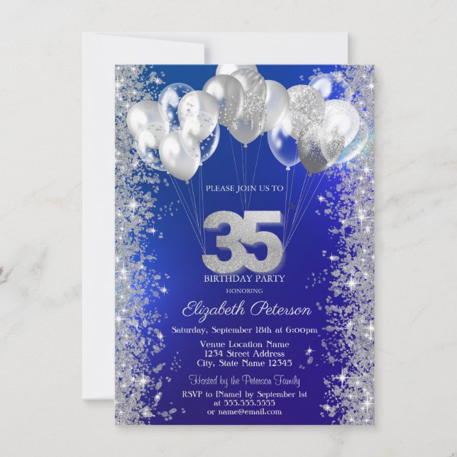 Glitter Confetti Bubons Navy Blue 35e Birthday Inbjudningar (Framsida)