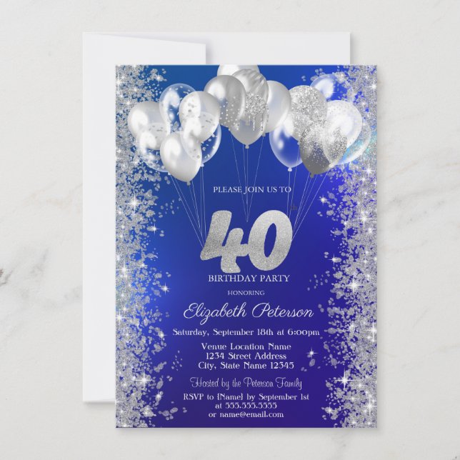 Glitter Confetti Bubons Navy Blue 40 Birthday Inbjudningar (Framsida)