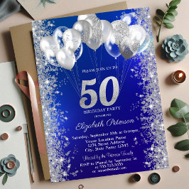 Glitter Confetti Bubons Navy Blue 50 Birthday Inbjudningar