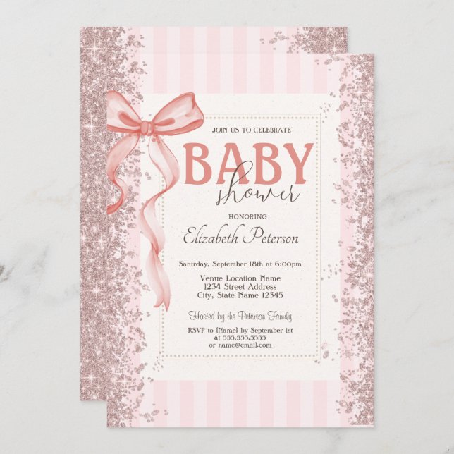 Glitter Confetti Rosa Bow Stripe Baby Shower Inbjudningar (Fram/baksida)