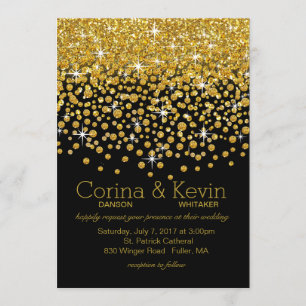 Glitter Confetti Shower Bröllop Svartvit guld Inbjudningar