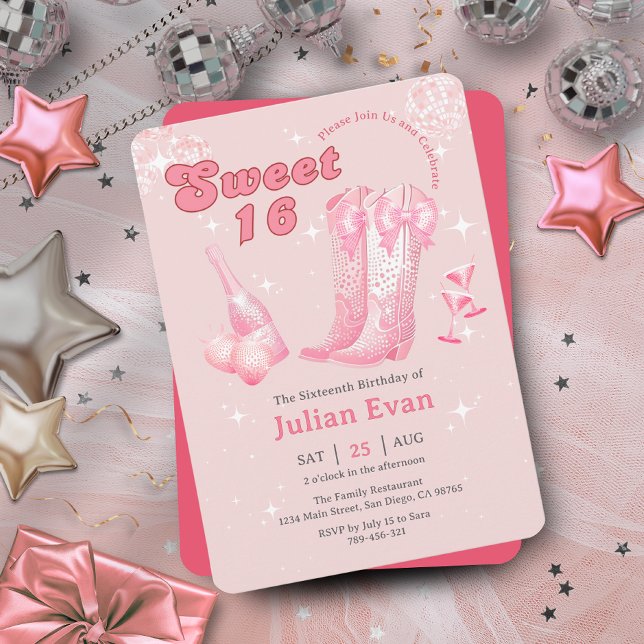 Glitter Cowgirl Rosa Bow Boots Sweet 16:e inbjudan (Glitter Cowgirl Pink Bow Boots Sweet 16 Invitation)