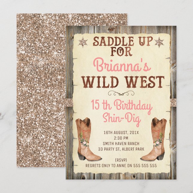 Glitter Cowgirl-Vilda western Birthday-inbjudan Inbjudningar (Fram/baksida)