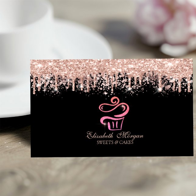 Glitter Cupcake Rose Gold Drips Bakery Black  Visitkort (Skapare uppladdad)