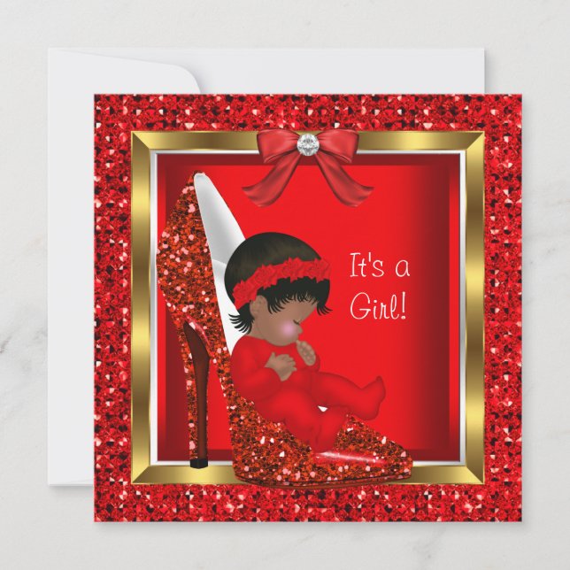 Glitter Cute Baby i Shoe Baby Shower Girl Red Inbjudningar (Framsida)