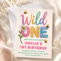 Glitter Daisy Humla 1-års födelsedagsinbjudan