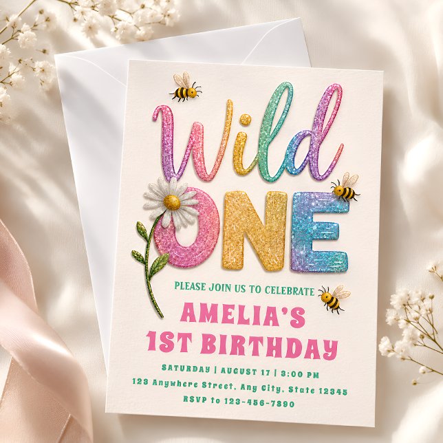 Glitter Daisy Humla 1-års födelsedagsinbjudan Inbjudningar (Skapare uppladdad)