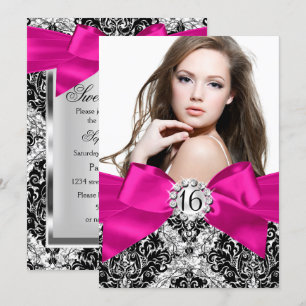 Glitter Damask Hot Pink Ros Sweet 16 Foto Inbjudningar