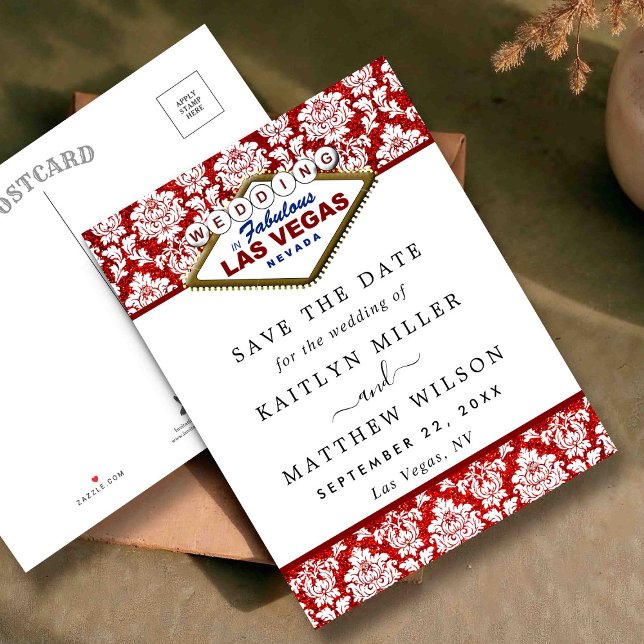 Glitter Damask Las Vegas Bröllop Save The Date Meddelande Vykort (Skapare uppladdad)