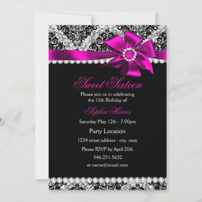 Glitter Damask & Rosa Jewel Bow Söt 16 Inbjudan (Framsida)