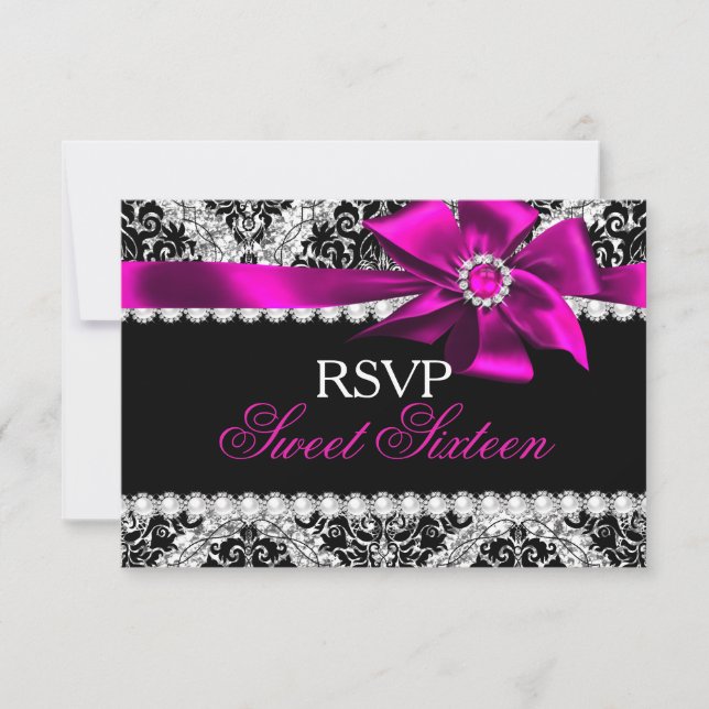 Glitter Damask & Rosa Jewel Bow Sweet 16 RSVP OSA Kort (Framsida)
