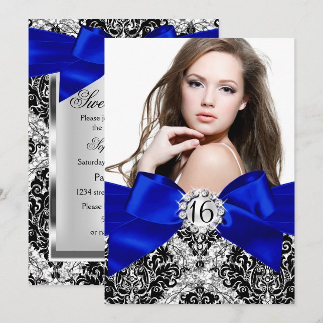 Glitter Damask & Royal Blue Bow Sweet 16 Photo Inbjudningar (Fram/baksida)