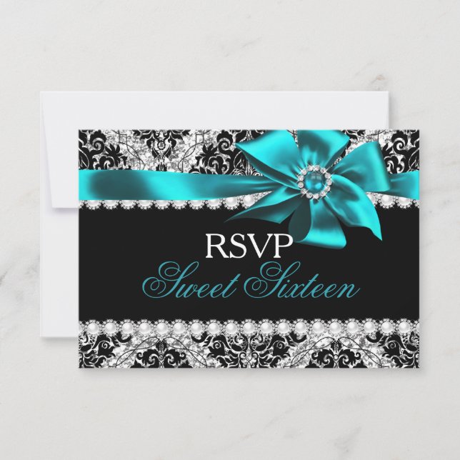 Glitter Damask & Teal Jewel Bow Sweet 16 RSVP OSA Kort (Framsida)