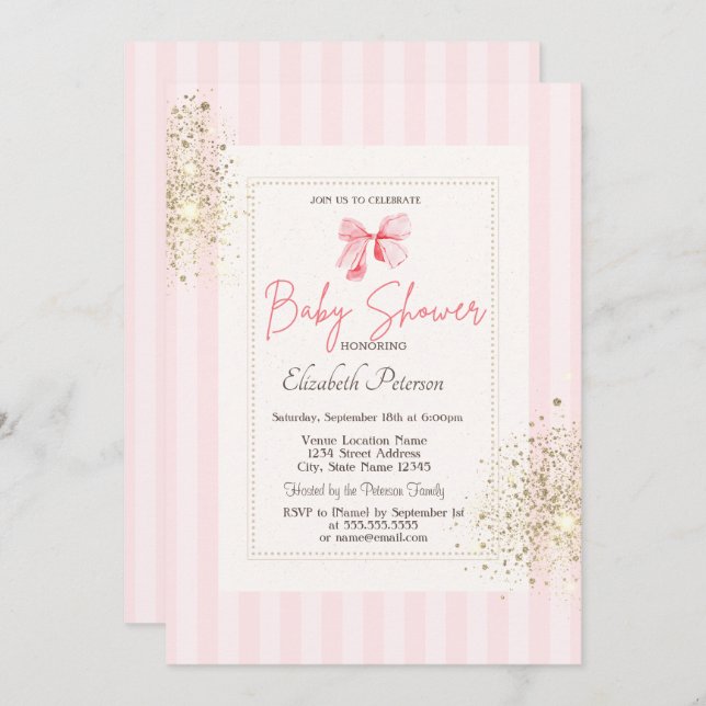 Glitter dammsuga Rosa Bow Stripe Baby Shower Inbjudningar (Fram/baksida)