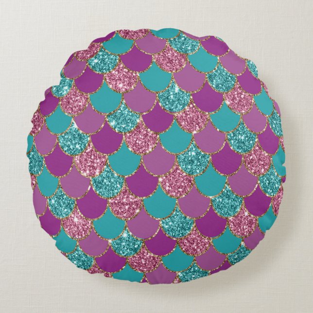 Glitter-design för färgstark Sjöjungfru Rund Kudde (Framsidan)