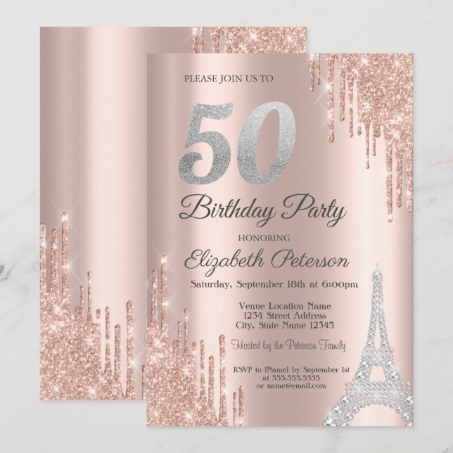 Glitter, Diamonds Eiffel Torn 50:e födelsedagen Inbjudningar (Fram/baksida)