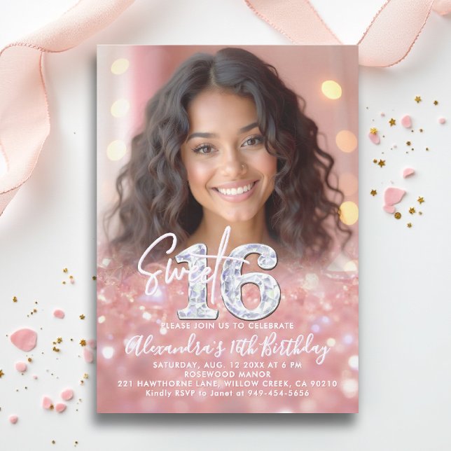 Glitter Diamonds Ro Chic Guld Foto Sweet 16 Inbjudningar (sweet sixteen invitation 16th birthday rose gold blush pink diamonds photo template fashion teen)