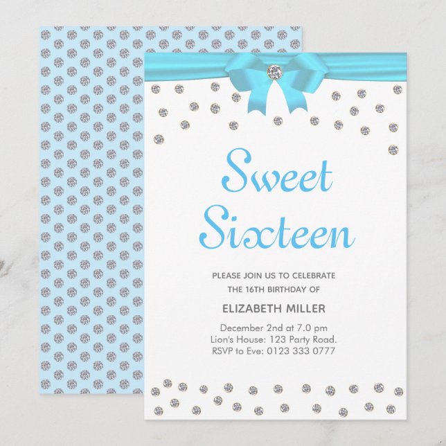Glitter Diamonds Sweet sixteen om White Inbjudningar (Fram/baksida)