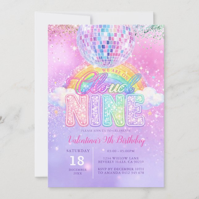 Glitter Disco Boll Pastell Cloud Nine Födelsedag Inbjudningar (Framsida)