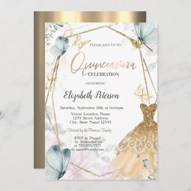 Glitter Dress Blue Butterflies Guld Ram Inbjudningar (Fram/baksida)