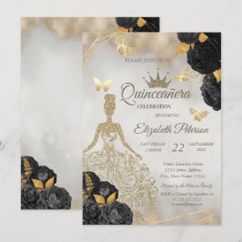 Glitter Dress,Butterfly Black Roses Quinceañera Inbjudningar
