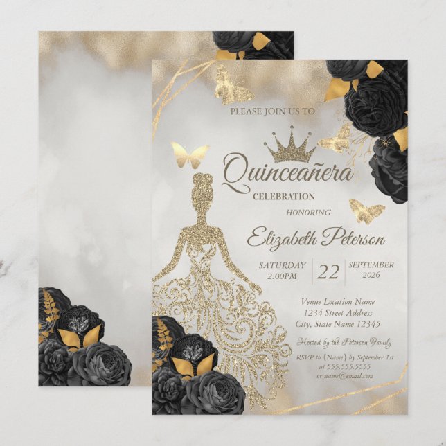 Glitter Dress,Butterfly Black Roses Quinceañera Inbjudningar (Fram/baksida)
