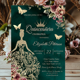Glitter Dress,Butterfly Floral Green Quinceañera Inbjudningar