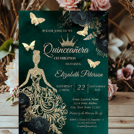 Glitter Dress,Butterfly Green Roses Quinceañera Inbjudningar