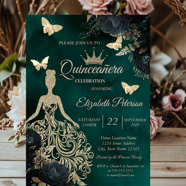 Glitter Dress,Butterfly Green Roses Quinceañera Inbjudningar (Skapare uppladdad)