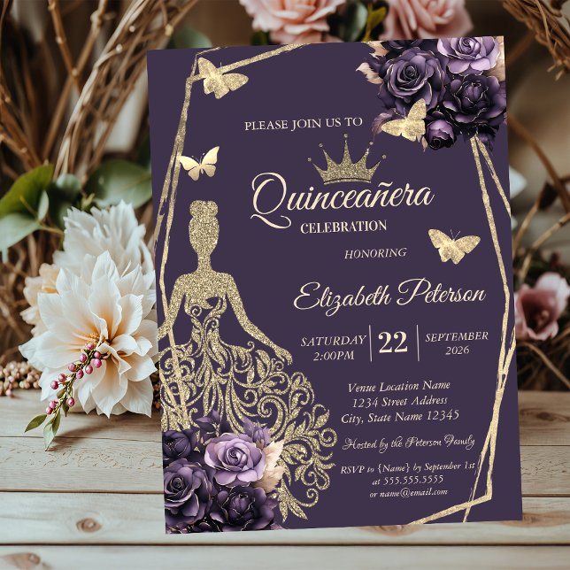 Glitter Dress,Butterfly Purple Roses Quinceañera Inbjudningar (Skapare uppladdad)