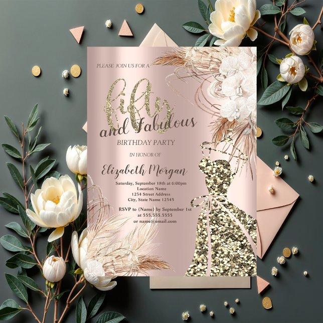 Glitter Dress, Ro Guld Boho Flower 50:e födelsedag Inbjudningar (Skapare uppladdad)