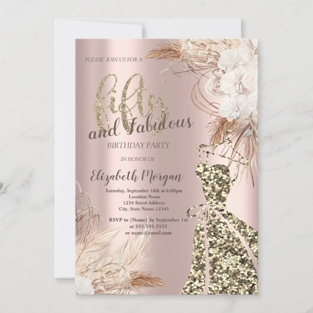 Glitter Dress, Ro Guld Boho Flower 50:e födelsedag Inbjudningar (Framsida)