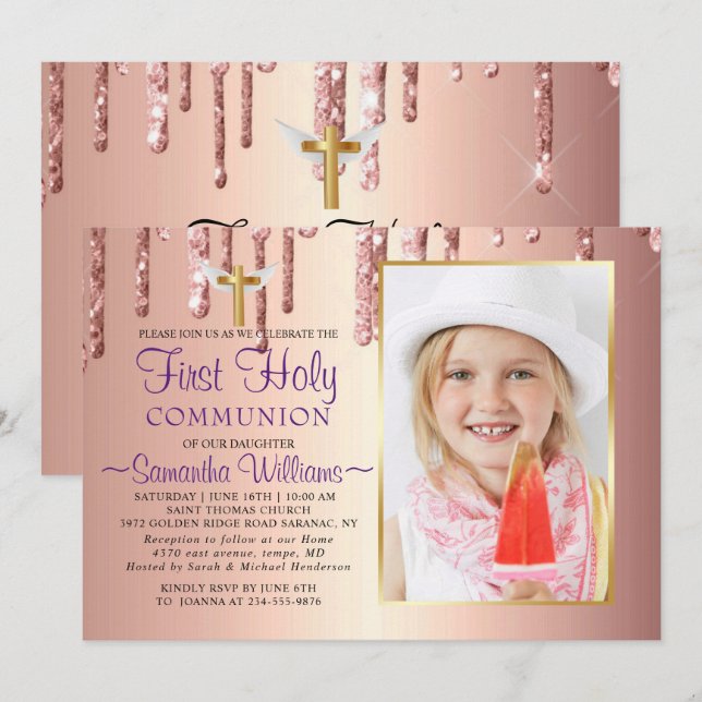 Glitter Drifts Elegant Photo First Communion Inbjudningar (Fram/baksida)