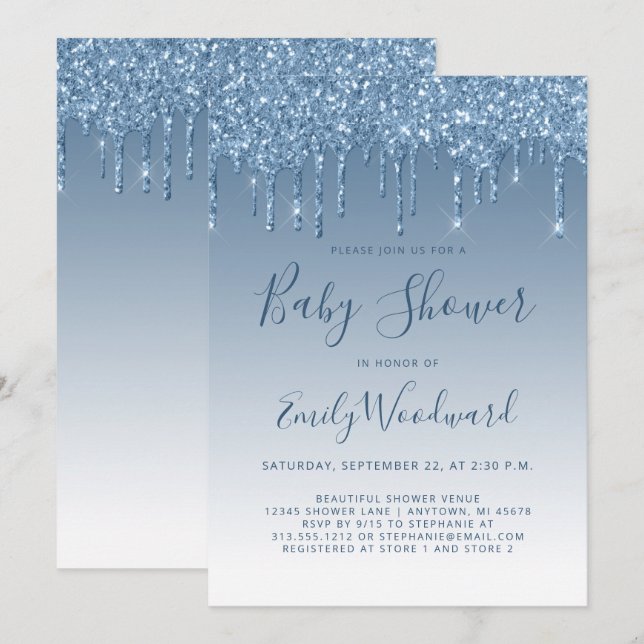 Glitter Drip Blå Baby Shower Inbjudan (Fram/baksida)