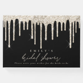 Glitter Drip Cream Script Bröllopsdusch Svart Gästböcker
