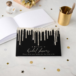 Glitter Drip Cream Script Bröllopsdusch Svart Gästböcker