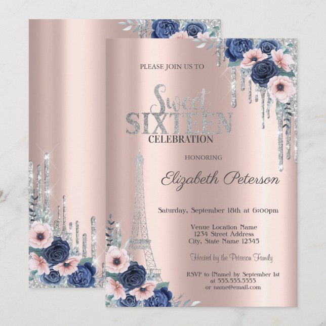  Glitter Drip, Eiffeltornet Blå Rosor Sweet 16  Inbjudningar (Fram/baksida)