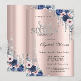  Glitter Drip, Eiffeltornet Blå Rosor Sweet 16  Inbjudningar